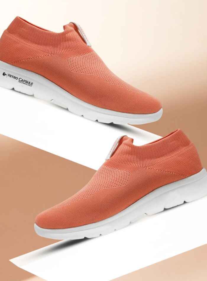 Asian Women's Peach-Coloured Woven Design Slip-On Sneakers