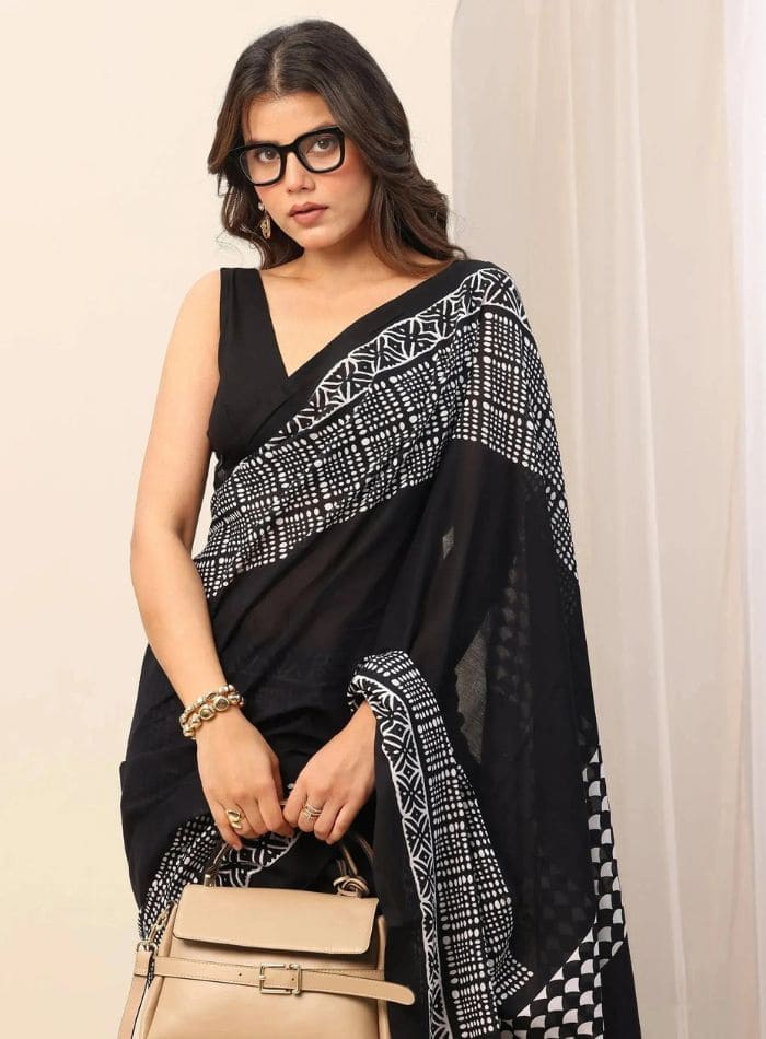 Libas Black Printed Cotton Saree With Unstitched Blouse