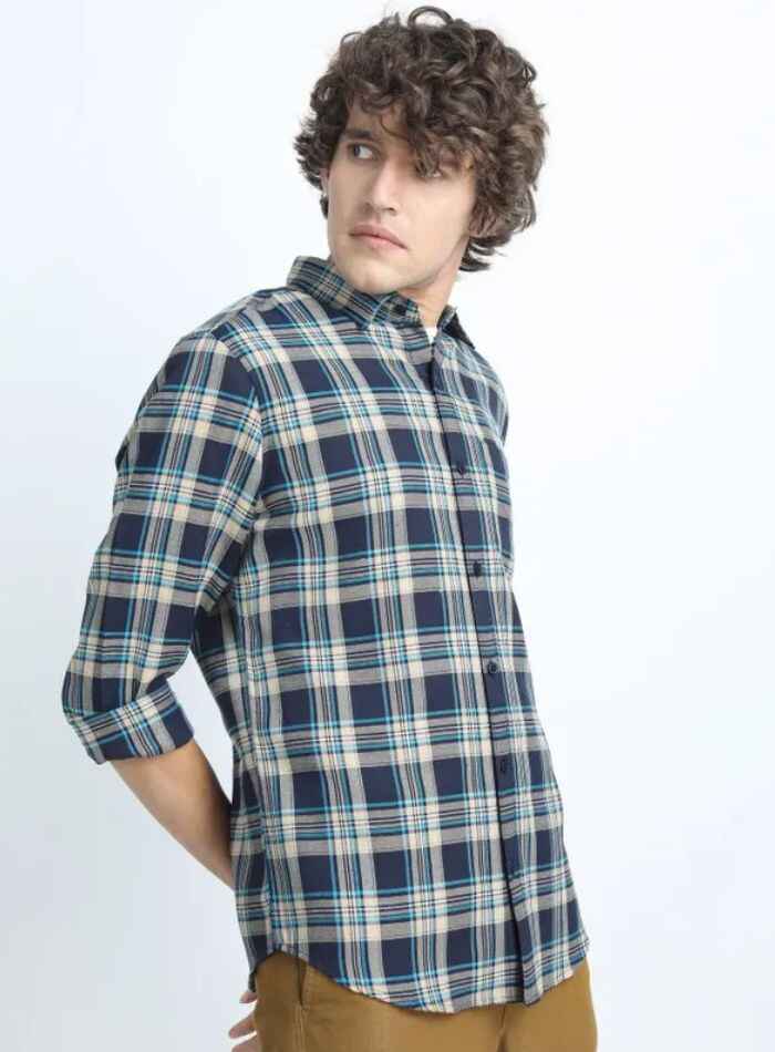 Ketch Navy Blue Checked Slim Fit Men's Casual Shirts